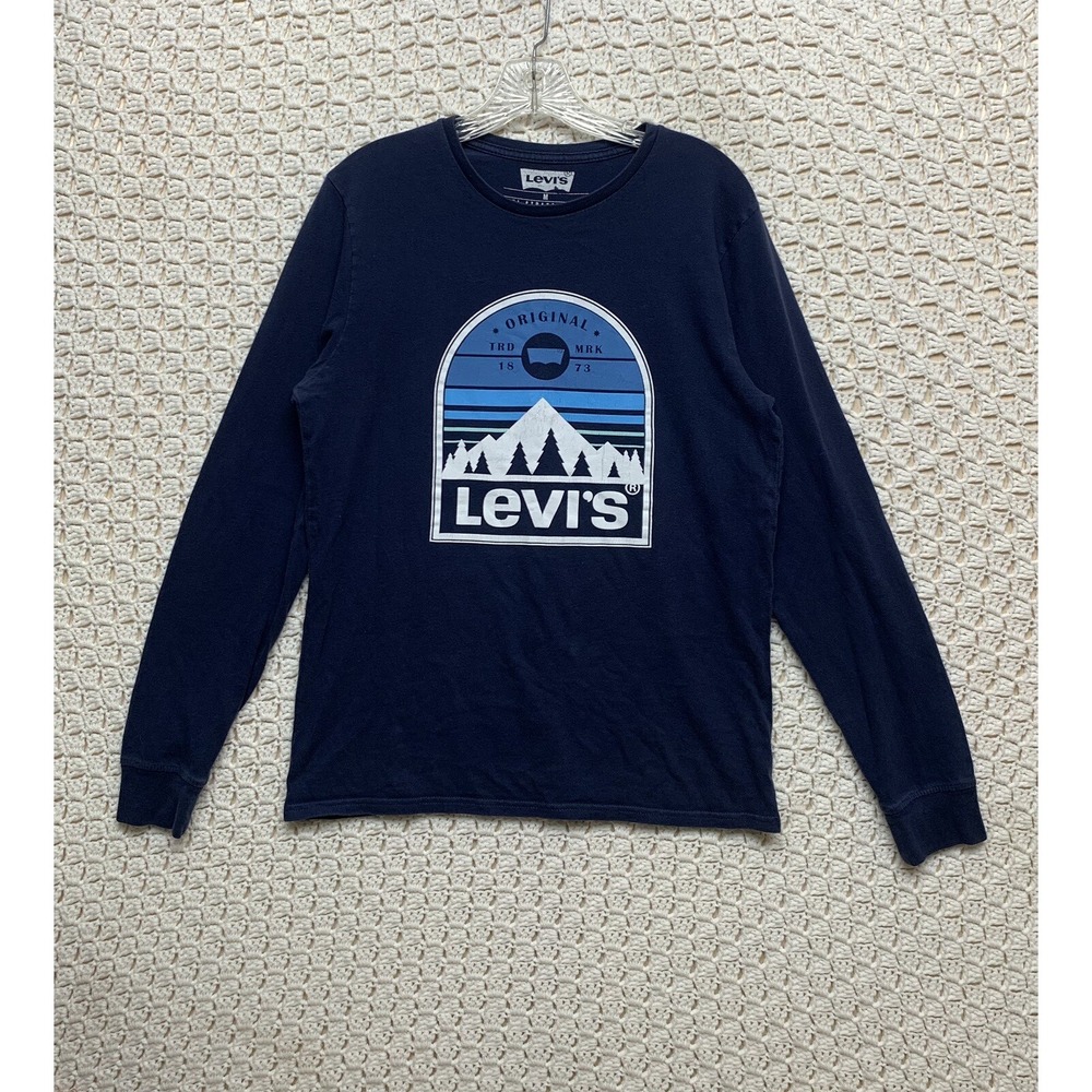 Levi's T-Shirt Men's‎ Medium M Long Sleeve Graphic Logo Crew Neck Blue